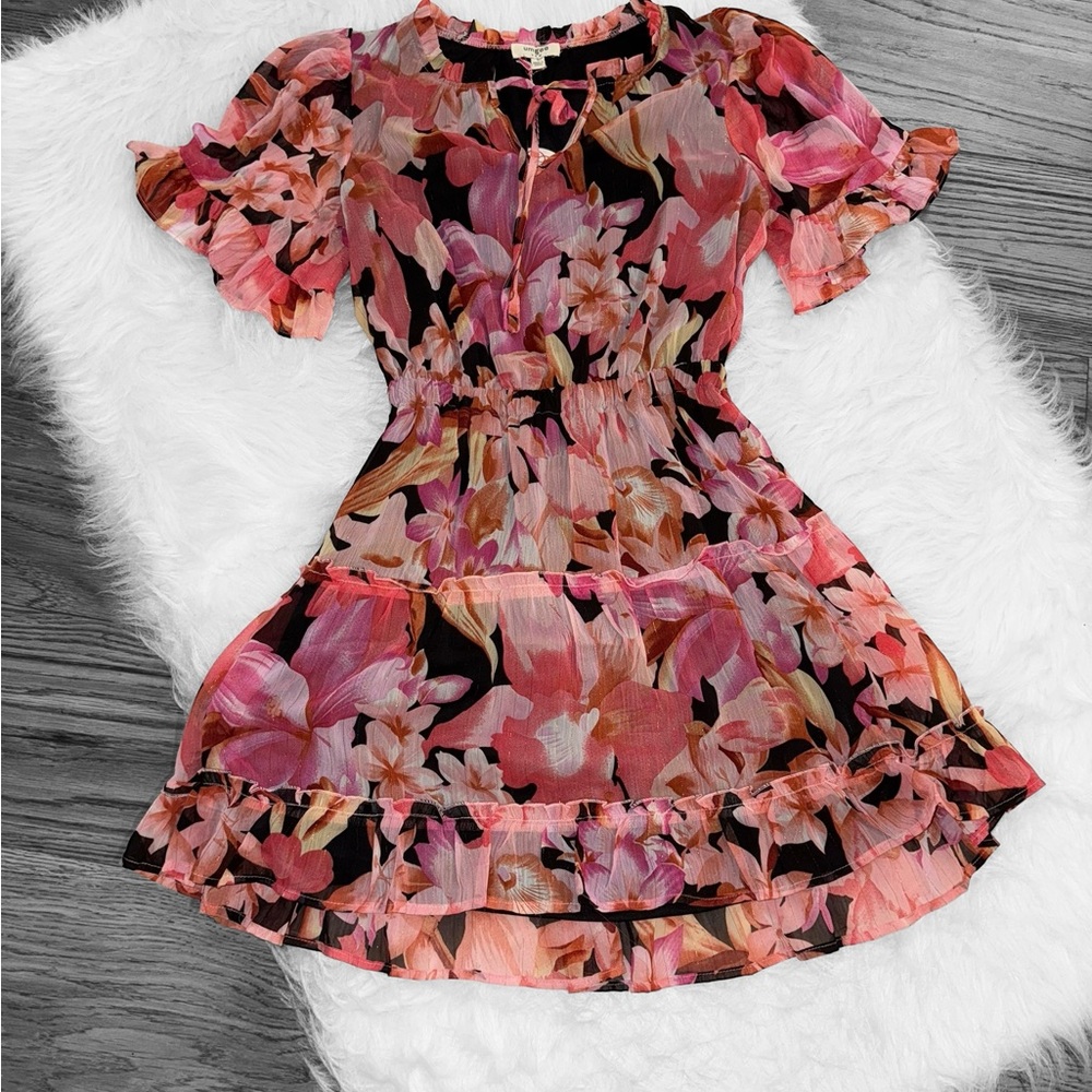 Umgee Pink and Black Floral Mini Dress